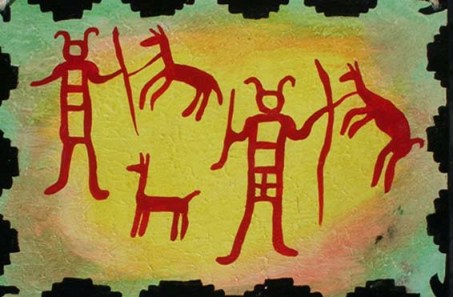 Llamero con llamas. Acrílico sobre madera inspirado en petroglifos precolombinos locales. Creación de la artista atacameñna Luisa Terán. Pueblo de Caspana, Atacama, Chile.
